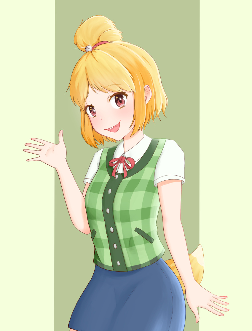 1girl absurdres animal_crossing bell blonde_hair blue_skirt buck_teeth dog_tail highres isabelle_(animal_crossing) jingle_bell matcha_amigo open_mouth personification red_eyes skirt smile solo tail topknot upper_body vest