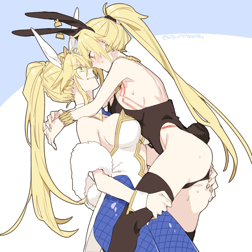 2girls 88_(einnimnech) animal_ears artoria_pendragon_(all) artoria_pendragon_(swimsuit_ruler)_(fate) ass_grab bare_back bare_shoulders bell black_legwear blonde_hair blush braid breasts crown fake_animal_ears fake_tail fate/grand_order fate_(series) femdom fishnet_legwear fishnets genderswap genderswap_(mtf) gilgamesh_(fate) green_eyes hairband highres jewelry long_hair looking_at_another multiple_girls necklace necktie playboy_bunny ponytail rabbit_ears rabbit_tail red_eyes smile tail thigh-highs