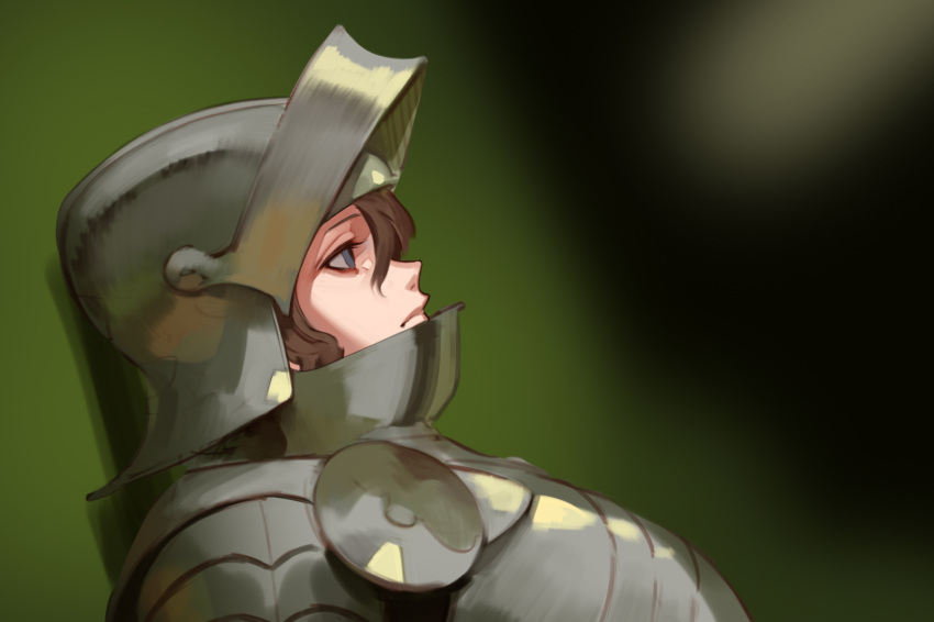 1girl armor bangs black_background blurry brown_hair commentary_request copyright_request from_side full_armor gradient gradient_background green_background helm helmet highres jiro_(ninetysix) profile solo upper_body visor_(armor)