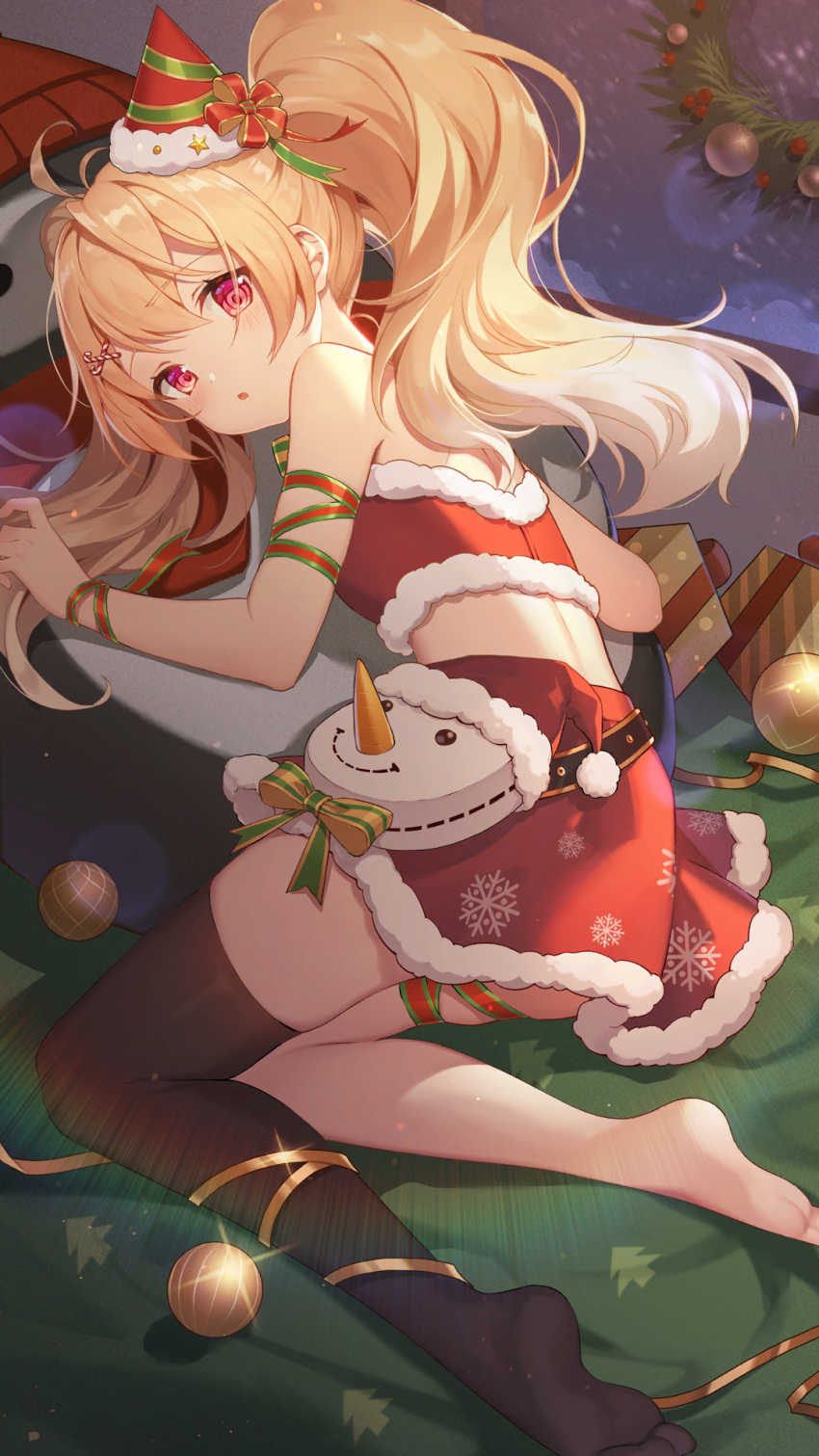 1girl antenna_hair artist_request bag bandeau bare_shoulders bauble black_legwear blonde_hair carol_(girl_cafe_gun) christmas feet fur_trim girl_cafe_gun handbag hat highres long_hair looking_at_viewer looking_back lying midriff mini_hat miniskirt official_art on_side parted_lips red_eyes red_headwear red_skirt santa_hat single_thighhigh skirt solo strapless thigh-highs tubetop twintails