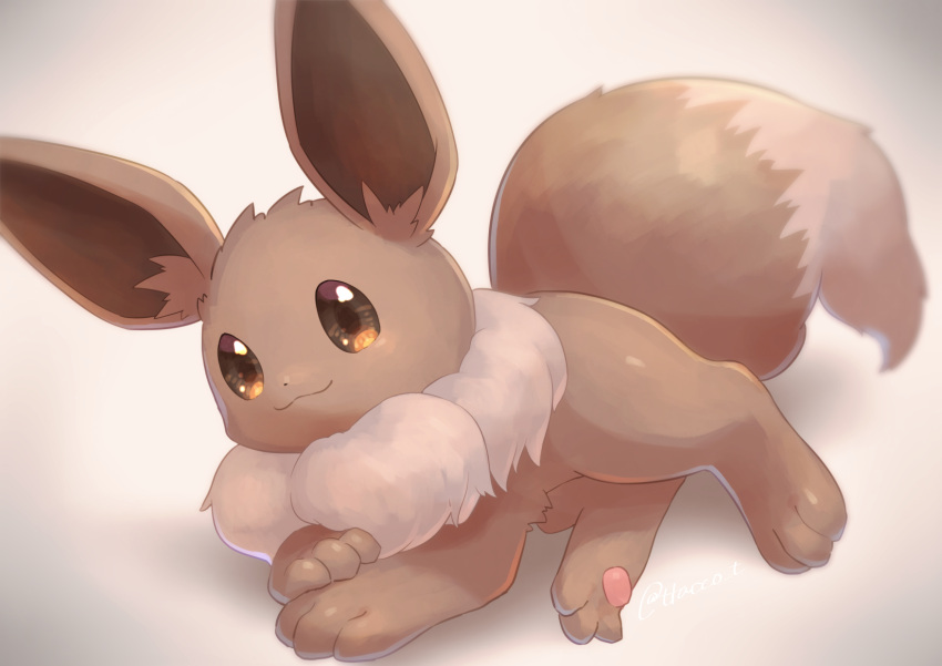 brown_eyes brown_fur closed_mouth commentary_request eevee gen_1_pokemon highres kikuyoshi_(tracco) looking_at_viewer lying no_humans pokemon pokemon_(creature) smile solo