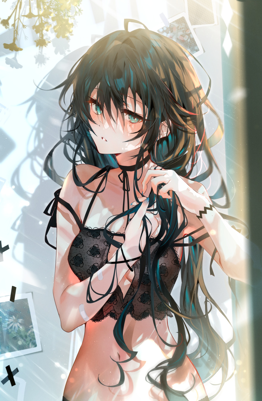 1girl adjusting_hair arutera bandaid bangs banned_artist bare_shoulders black_camisole black_hair blue_nails breasts camisole choker crop_top green_eyes hair_between_eyes highres long_hair midriff mole mole_under_eye navel original parted_lips shadow small_breasts solo stomach sunlight upper_body very_long_hair wavy_hair