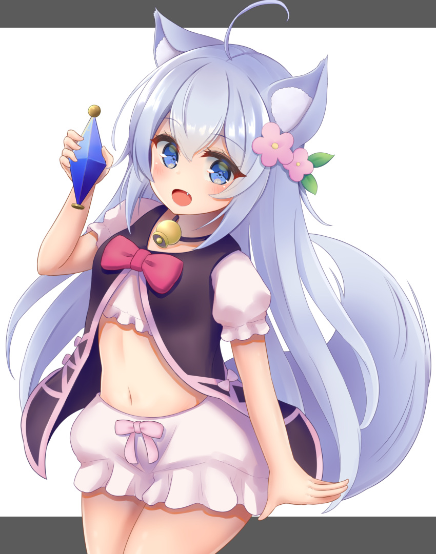 1girl :d ahoge animal_ears bangs bell bloomers blue_eyes bottle cheat_kushushi_no_slow_life commentary_request eyebrows_visible_through_hair flower hair_between_eyes hair_flower hair_ornament highres holding holding_bottle long_hair looking_at_viewer midriff minakami_mimimi navel neck_bell noela_(cheat_kushushi_no_slow_life) open_mouth short_sleeves sidelocks silver_hair simple_background smile solo tail two-tone_background underwear white_background wolf_ears wolf_tail