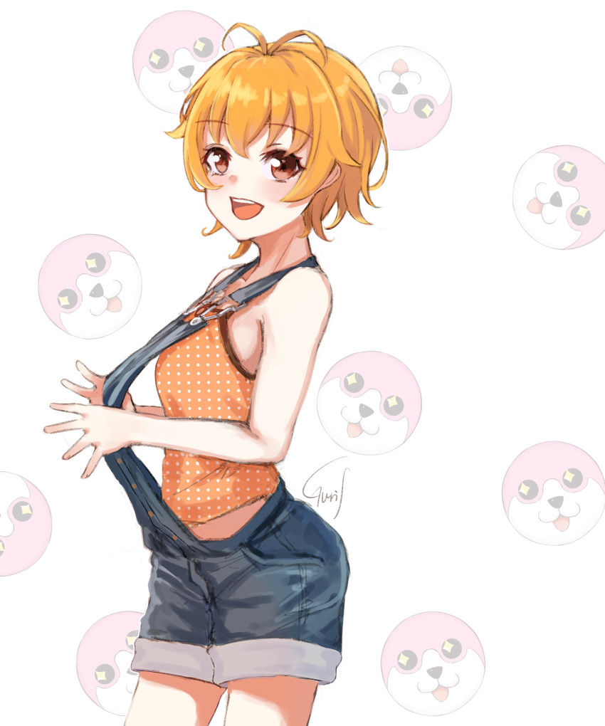 +_+ 1girl :d absurdres antenna_hair bang_dream! bangs brown_eyes camisole commentary_request cowboy_shot eyebrows_visible_through_hair gurifu hello_happy_world! highres kitazawa_hagumi looking_at_viewer open_mouth orange_camisole orange_hair overall_shorts overalls polka_dot polka_dot_camisole short_hair signature smile solo upper_teeth white_background