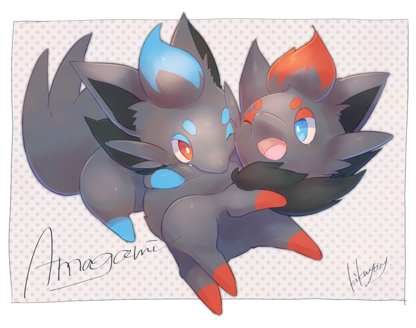 ;d alternate_color blue_eyes border commentary_request fang gen_5_pokemon kikuyoshi_(tracco) nibbling no_humans one_eye_closed open_mouth outside_border pokemon pokemon_(creature) shiny_pokemon signature smile tongue white_border zorua