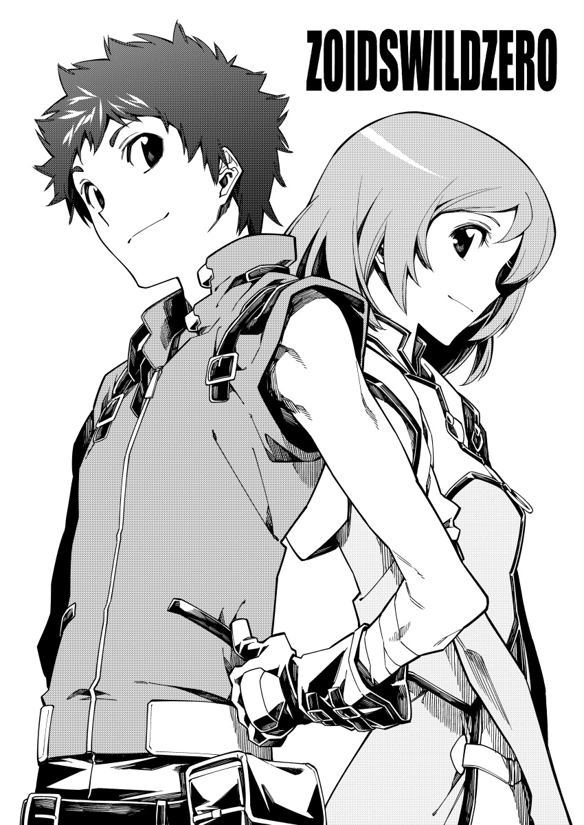 1boy 1girl 6j-k-en1223 absurdres bandaged_arm bandages bangs belt breasts clenched_hands gloves greyscale hair_behind_ear hands_on_hips highres leo_conrad looking_to_the_side monochrome sally_land short_hair small_breasts smile vest zoids zoids_wild_zero