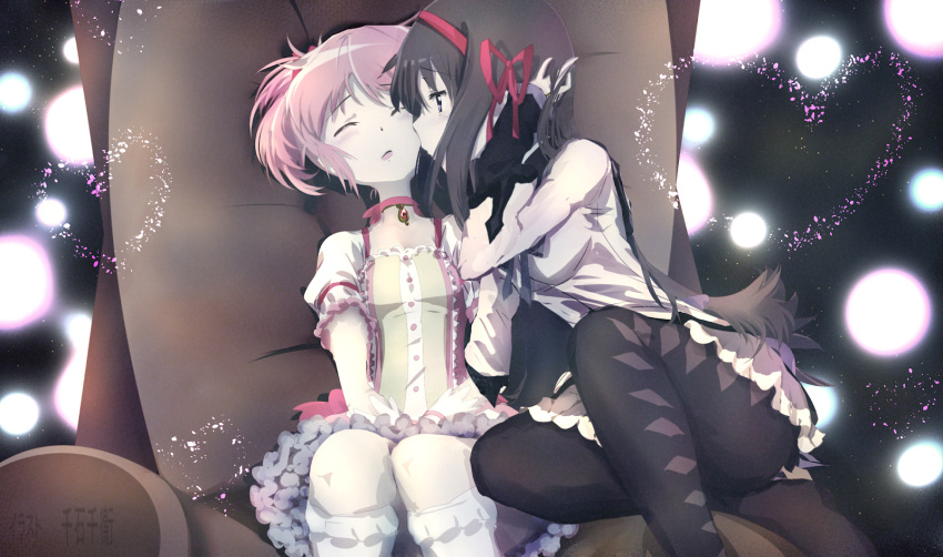 akemi_homura blush highres kaname_madoka long_hair magical_girl mahou_shoujo_madoka_magica open_mouth sengoku_chidori soul_gem twintails yuri