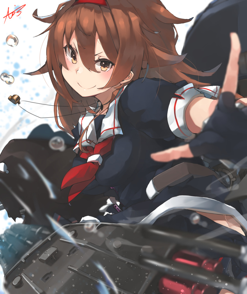 &gt;:) 1girl black_gloves black_serafuku black_skirt blush brown_eyes brown_hair closed_mouth fingerless_gloves gloves hair_between_eyes hairband highres kantai_collection long_hair machinery neckerchief pleated_skirt red_hairband red_neckwear remodel_(kantai_collection) rigging school_uniform serafuku shiratsuyu_(kancolle) signature skirt smile solo sunday_aki torpedo torpedo_launcher torpedo_tubes v-shaped_eyebrows