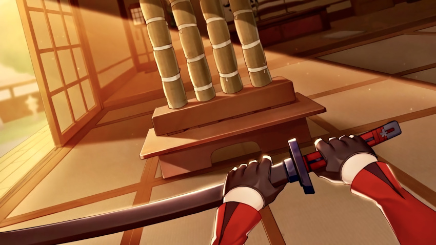 1girl absurdres architecture bamboo brown_gloves door east_asian_architecture gloves highres holding holding_sword holding_weapon honkai_(series) honkai_impact_3rd indoors jacket katana long_sleeves raiden_mei raiden_mei_(valkyrie_bladestrike) red_jacket sheath sheathed solo sundial_dreams sunlight sunrise sword table weapon