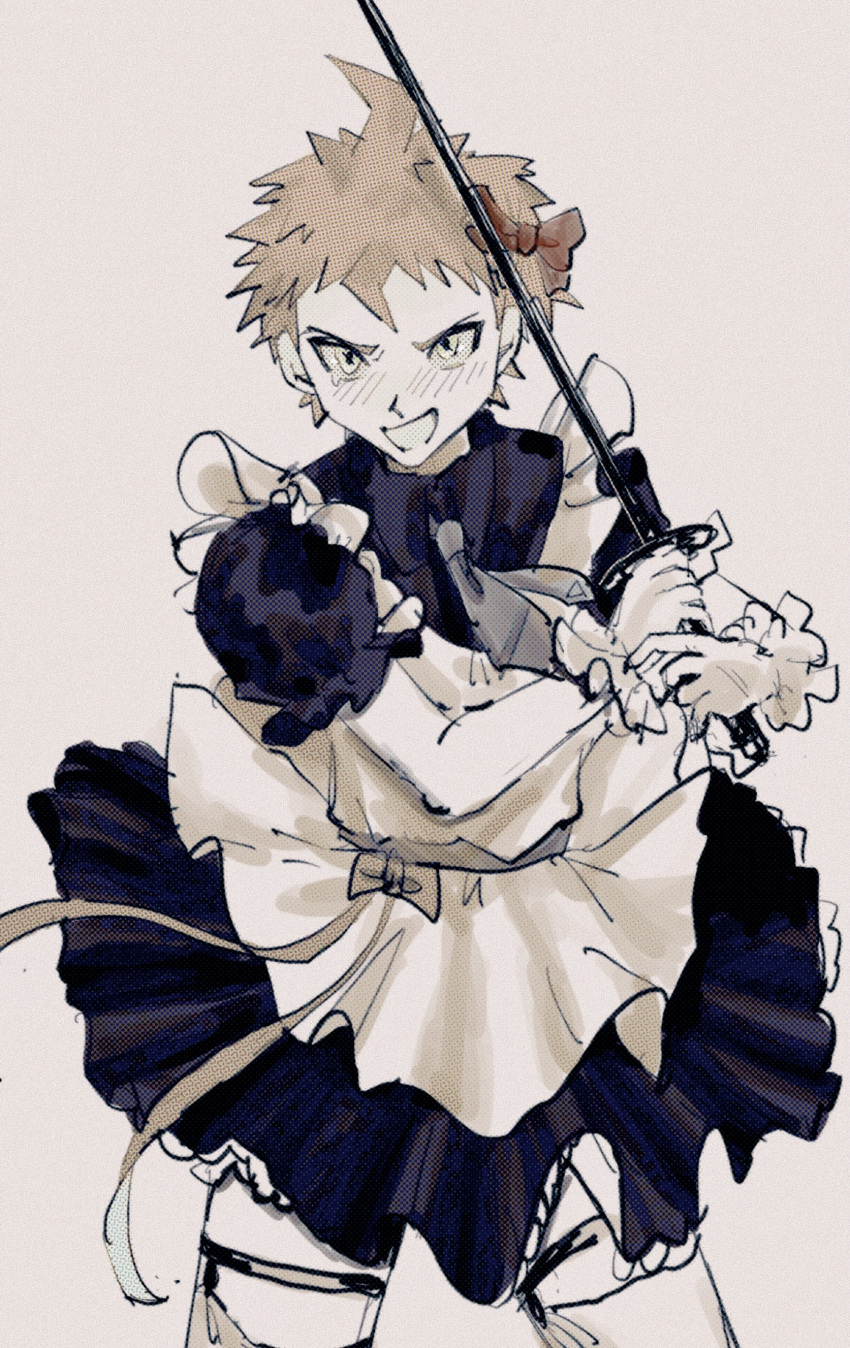 1boy absurdres alternate_costume apron bangs black_dress blush bow brown_eyes commentary_request cowboy_shot dangan_ronpa_(series) dangan_ronpa_2:_goodbye_despair dress enmaided hair_bow highres hinata_hajime holding holding_sword holding_weapon looking_at_viewer maid male_focus red_bow sema_(vivaviva_02) simple_background sketch smile solo spiky_hair sword thigh-highs weapon