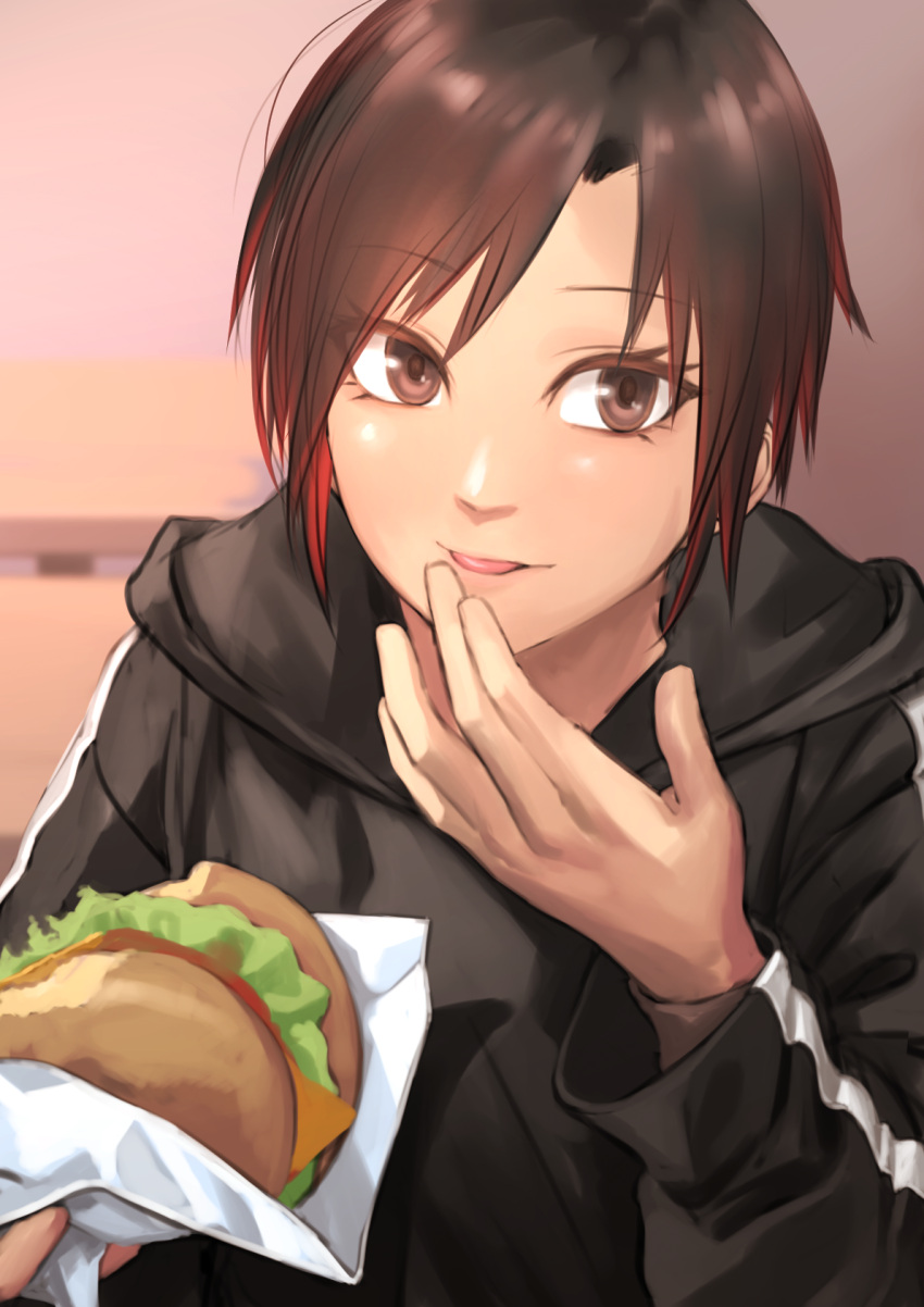 1girl :p black_hoodie brown_eyes brown_hair burger food gradient_hair hand_to_own_mouth highres holding holding_food hood hood_down hoodie kilye_kairi licking licking_finger long_sleeves looking_at_viewer multicolored_hair original redhead short_hair smile solo tongue tongue_out upper_body