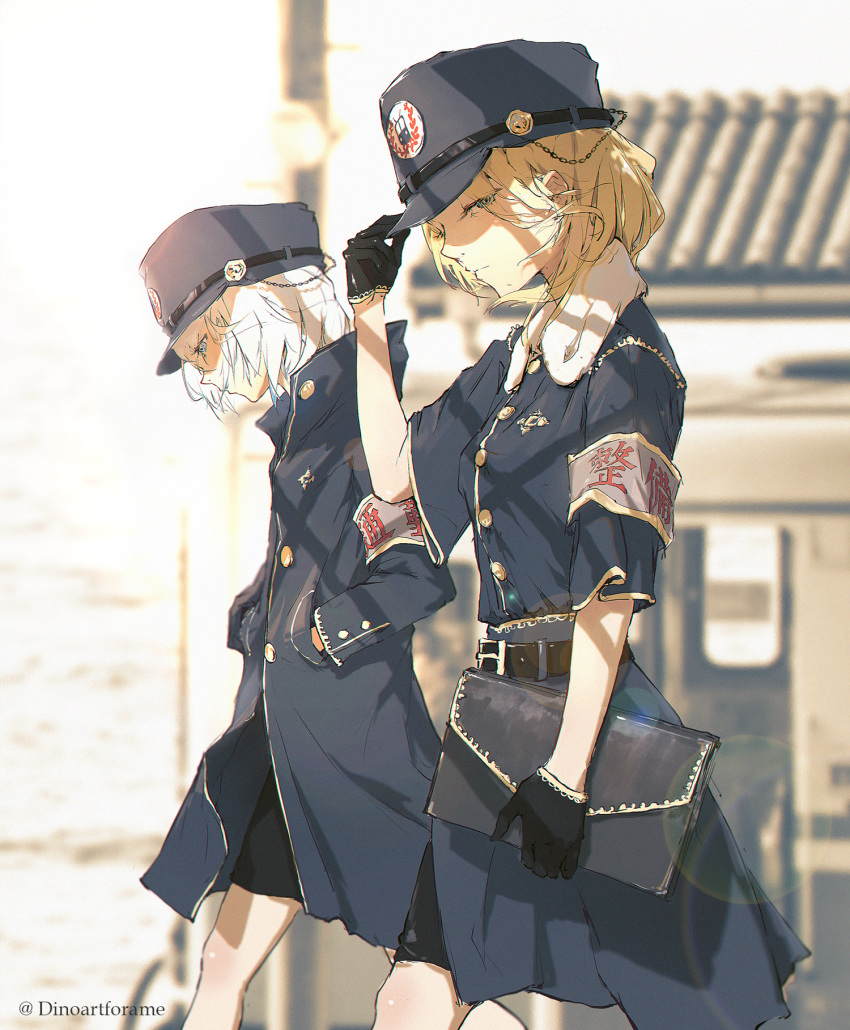 2girls alternate_costume armband black_gloves blonde_hair blue_eyes briefcase buttons city collared_shirt day dino_(dinoartforame) english_commentary gawr_gura gloves hat highres hololive hololive_english jacket long_sleeves looking_at_viewer multiple_girls narrowed_eyes outdoors scenery shirt short_hair short_sleeves twitter_username virtual_youtuber watson_amelia white_hair