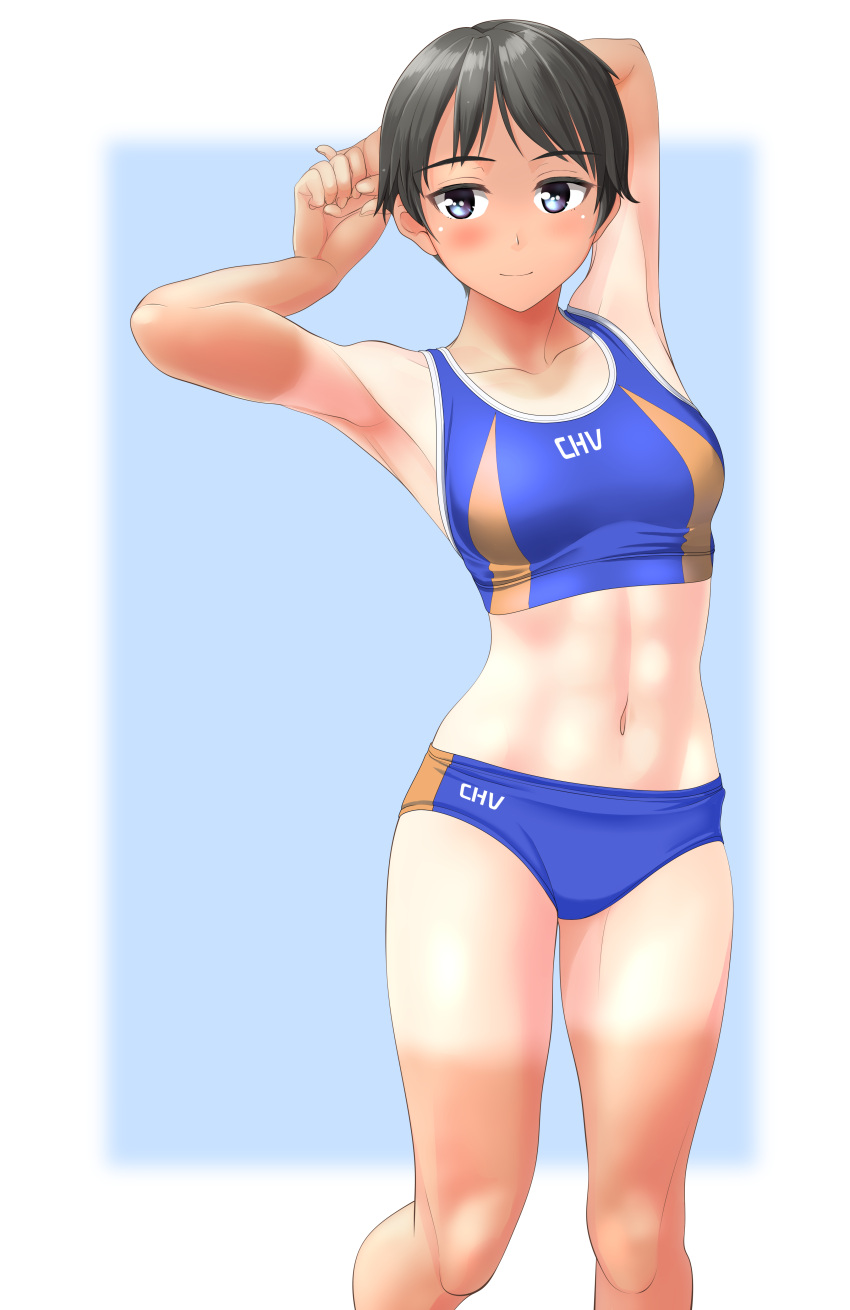 1girl abs absurdres armpits arms_behind_head black_hair blue_buruma blue_eyes buruma clothes_writing collarbone highres looking_at_viewer multiple_views muscular muscular_female one-piece_swimsuit original short_hair simple_background sports_bikini sportswear swimsuit takafumi tan tanlines track_and_field track_uniform white_background