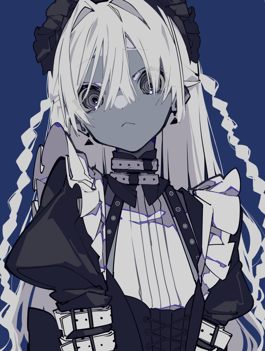 1girl bangs black_dress blue_background braid closed_mouth colored_skin commentary_request dress earrings grey_eyes grey_skin hair_between_eyes hair_intakes highres jewelry long_hair looking_at_viewer mochizuki_kei original puffy_short_sleeves puffy_sleeves ringed_eyes short_sleeves simple_background solo twin_braids upper_body very_long_hair white_hair
