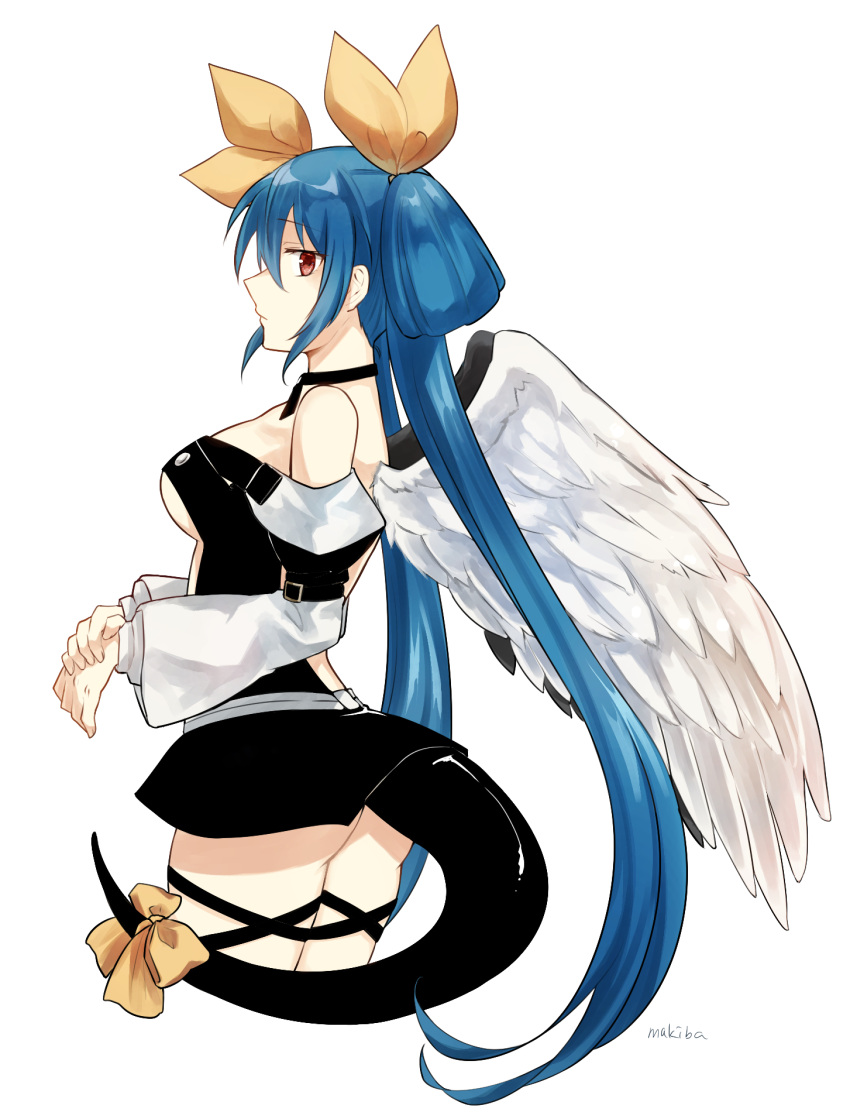 1girl asymmetrical_wings black_legwear blue_hair dizzy_(guilty_gear) guilty_gear guilty_gear_x guilty_gear_xx hair_ornament highres long_hair looking_at_viewer red_eyes revealing_clothes ribbon thigh-highs twintails wings
