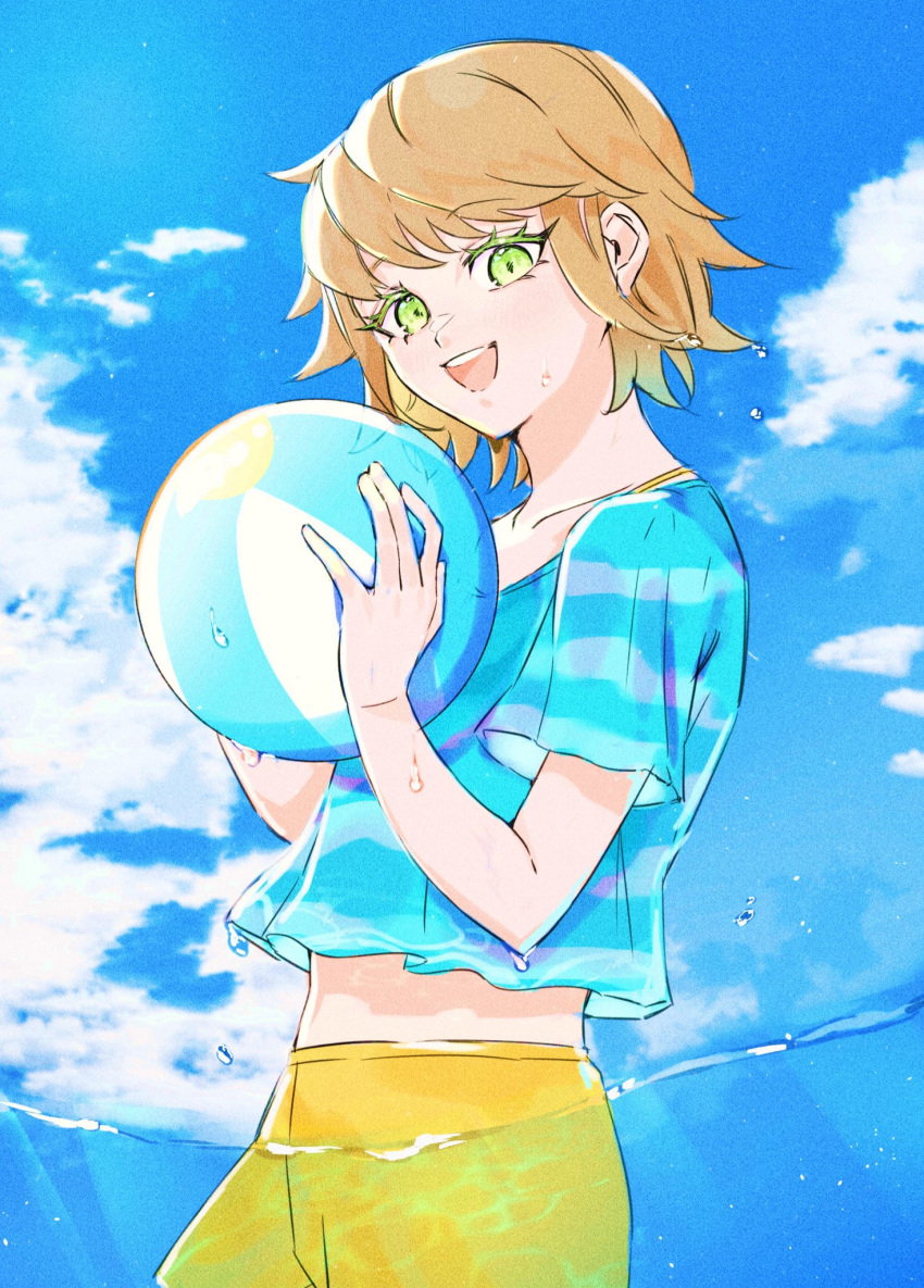 1boy :d ball bangs beachball blue_shirt blue_sky clouds commentary_request cowboy_shot dangan_ronpa:_trigger_happy_havoc dangan_ronpa_(series) dangan_ronpa_s:_ultimate_summer_camp day fujisaki_chihiro green_eyes highres holding holding_ball looking_at_viewer male_focus open_mouth otoko_no_ko outdoors shirt short_hair sky smile solo striped striped_shirt sweater tsuna_(tuna1440) upper_teeth wading wet yellow_sweater