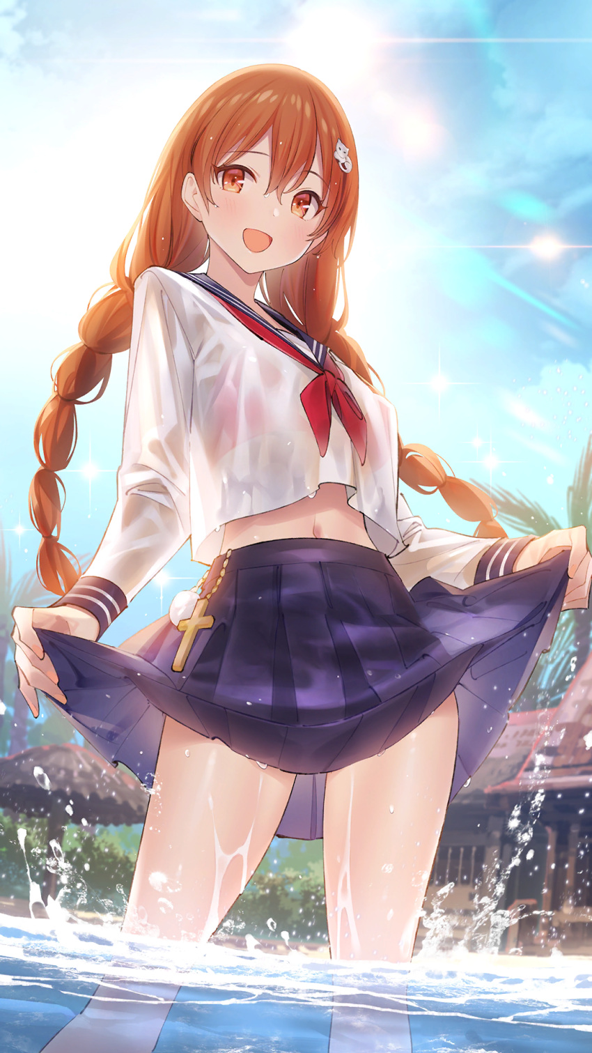 1girl :d backlighting blue_skirt bra bra_through_clothes braid clothes_lift crop_top crop_top_overhang day girl_cafe_gun hair_ornament highres irene_white_(girl_cafe_gun) lifted_by_self long_hair long_sleeves looking_at_viewer midriff navel neckerchief official_art open_mouth orange_eyes orange_hair outdoors pink_bra pleated_skirt poppuqn sailor_collar school_uniform see-through serafuku shirt skirt skirt_lift smile solo standing sunlight thighs twin_braids twintails underwear very_long_hair wading water wet wet_clothes wet_shirt white_shirt