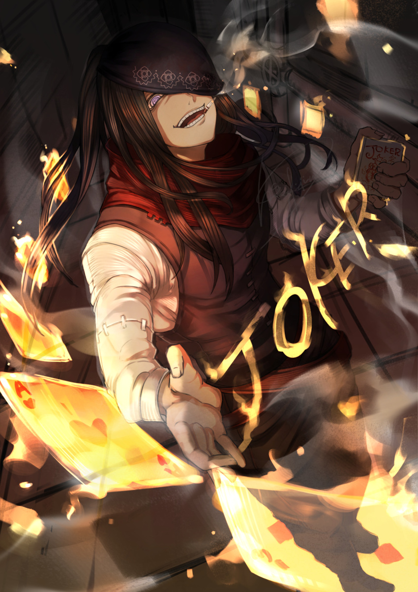 1boy bandana black_hair card character_name cigarette en'en_no_shouboutai fire highres hisafuji joker_(en'en_no_shouboutai) long_hair long_sleeves looking_at_viewer male_focus one_eye_covered open_mouth playing_card smile smoke smoking stitches teeth teeth_hold violet_eyes