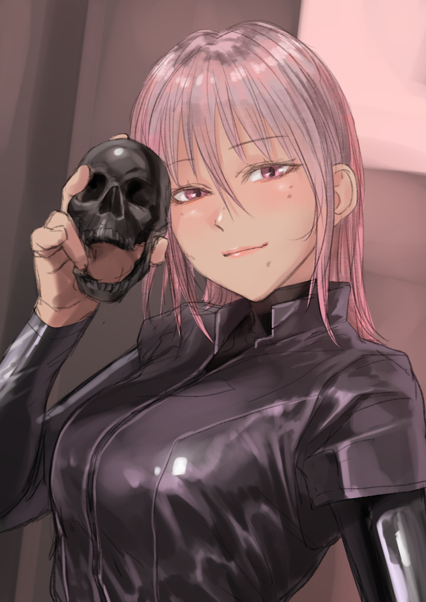 1girl black_bodysuit blush bodysuit closed_mouth hair_between_eyes hand_up highres holding holding_skull kilye_kairi latex latex_bodysuit looking_at_viewer medium_hair mole mole_under_eye mole_under_mouth original pink_eyes pink_hair skull smile solo upper_body