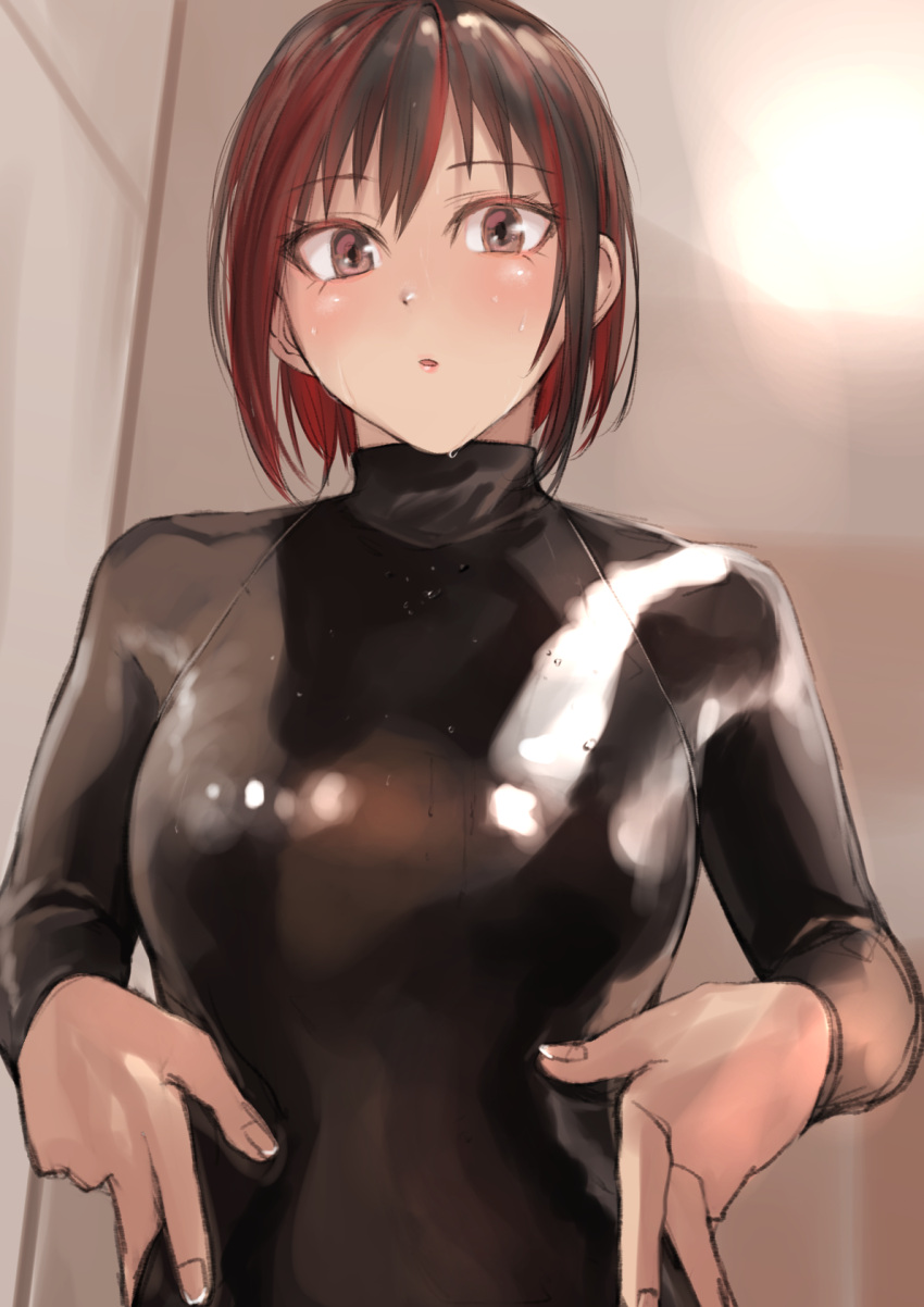 1girl black_bodysuit blush bob_cut bodysuit colored_inner_hair fingernails highres kilye_kairi latex latex_bodysuit long_sleeves looking_at_viewer multicolored_hair original parted_lips pink_eyes redhead skin_tight solo upper_body wet