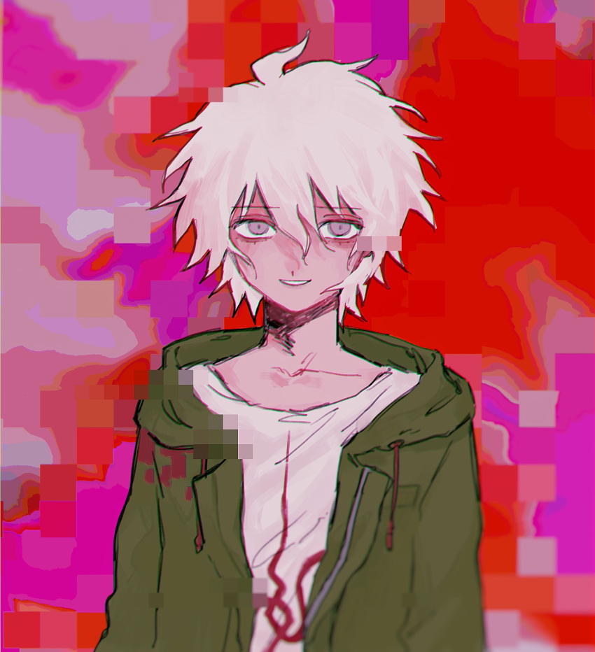 1boy ahoge bangs collarbone commentary_request dangan_ronpa_(series) dangan_ronpa_2:_goodbye_despair green_jacket grey_hair hair_between_eyes highres hism_25_(tsumari) hood hood_down hooded_jacket hoodie jacket komaeda_nagito long_sleeves looking_at_viewer male_focus messy_hair open_clothes open_jacket pink_background print_shirt red_background shirt short_hair smile solo teeth upper_body white_hair