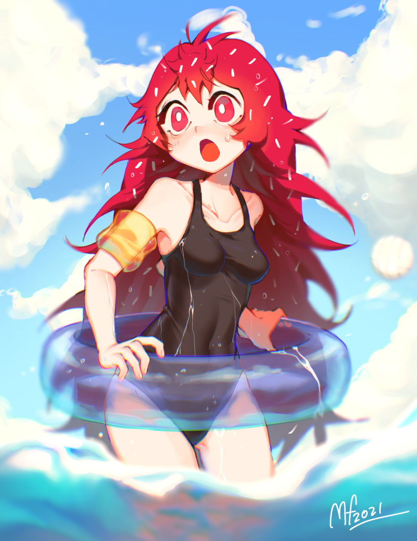 1girl bangs black_swimsuit blue_sky blush breasts bright_pupils clouds cloudy_sky covered_navel cowboy_shot dated flaky_(happy_tree_friends) happy_tree_friends highres innertube long_hair mary_felizola medium_breasts one-piece_swimsuit open_mouth personification red_eyes redhead signature sky solo swimsuit very_long_hair water white_pupils