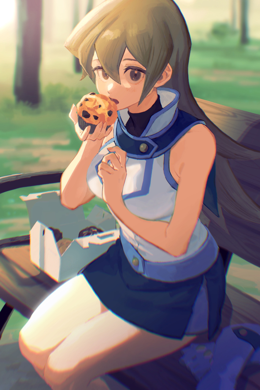 1girl absurdres bench blonde_hair breasts brown_eyes duel_academy_uniform_(yu-gi-oh!_gx) food hair_between_eyes highres long_hair looking_at_viewer muffin open_mouth skirt sleeveless solo tenjouin_asuka tree yu-gi-oh! yu-gi-oh!_gx