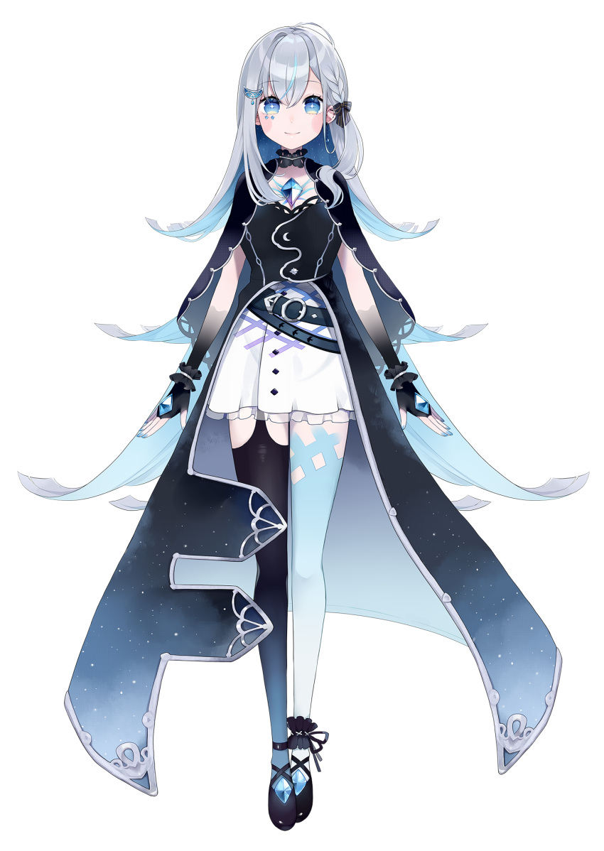 +_+ 1girl another_project belt black_capelet black_dress black_footwear black_gloves blue_belt blue_eyes blue_hair capelet chest_jewel chinese_commentary colored_inner_hair dress fingerless_gloves gloves highres long_hair looking_at_viewer multicolored_hair official_art open_hands rola_(vtuber) silver_hair skirt smile solo thigh-highs transparent_background very_long_hair virtual_youtuber white_skirt