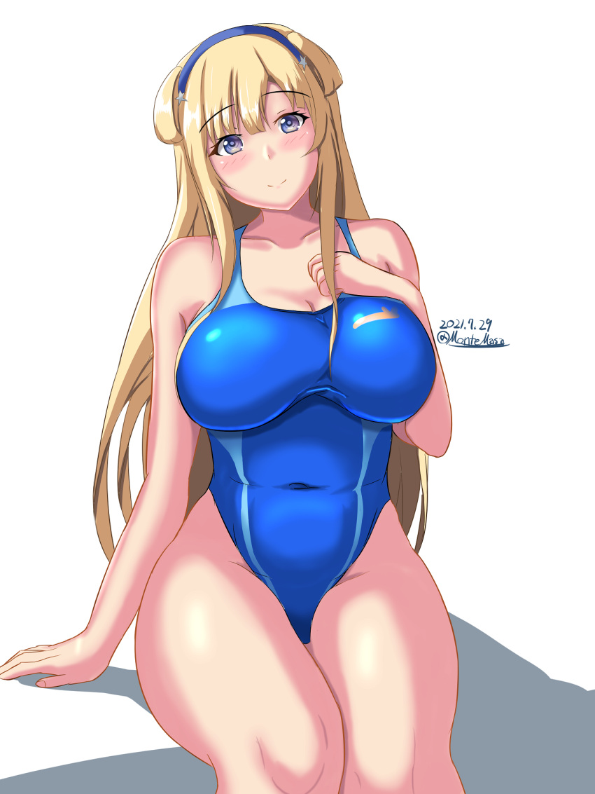 1girl blonde_hair blue_hairband blue_swimsuit breasts competition_swimsuit cowboy_shot dated double_bun fletcher_(kancolle) hairband highleg highleg_swimsuit highres kantai_collection large_breasts long_hair looking_at_viewer montemasa one-hour_drawing_challenge one-piece_swimsuit simple_background sitting solo swimsuit twitter_username violet_eyes white_background