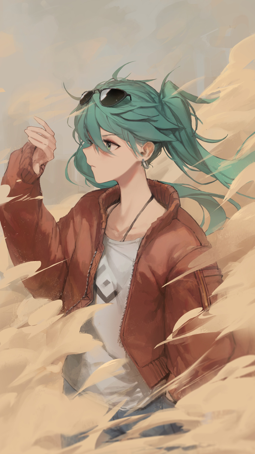 1girl absurdres ahoge aqua_eyes aqua_hair bomber_jacket brown_jacket eyewear_on_head hatsune_miku highres huge_filesize jacket looking_away open_clothes open_jacket rsef sandstorm shirt solo sunglasses twintails vocaloid white_shirt