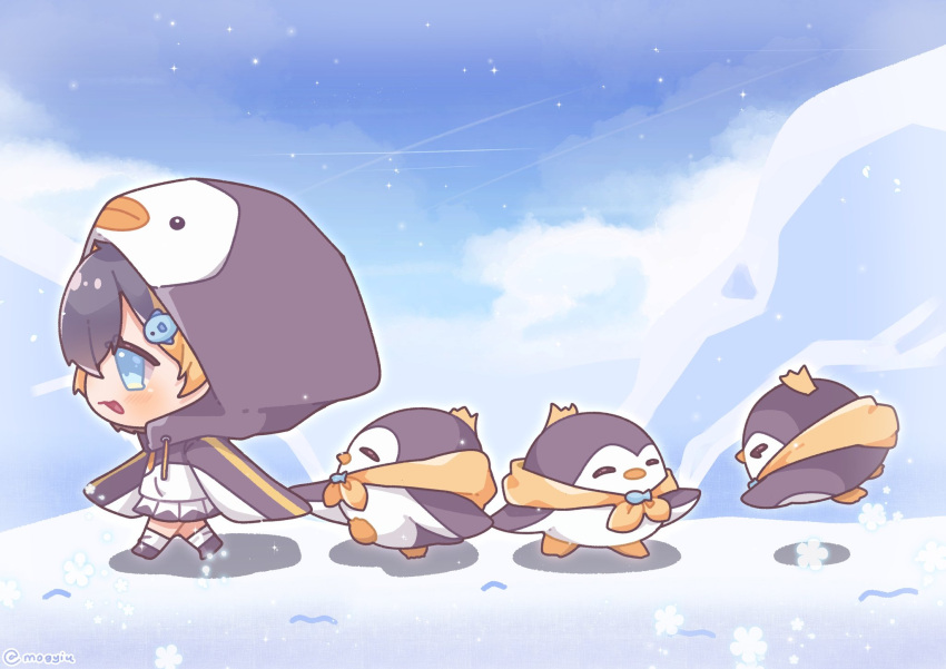 1girl animal_hood bangs bird black_footwear blonde_hair blue_eyes blush brown_hair chibi clouds fang highres hood mogyiu mountain multicolored_hair nijisanji nijisanji_en open_mouth penguin penguin_hood petra_gurin skin_fang skirt sky smile snow solo_focus streaked_hair virtual_youtuber walking white_skirt