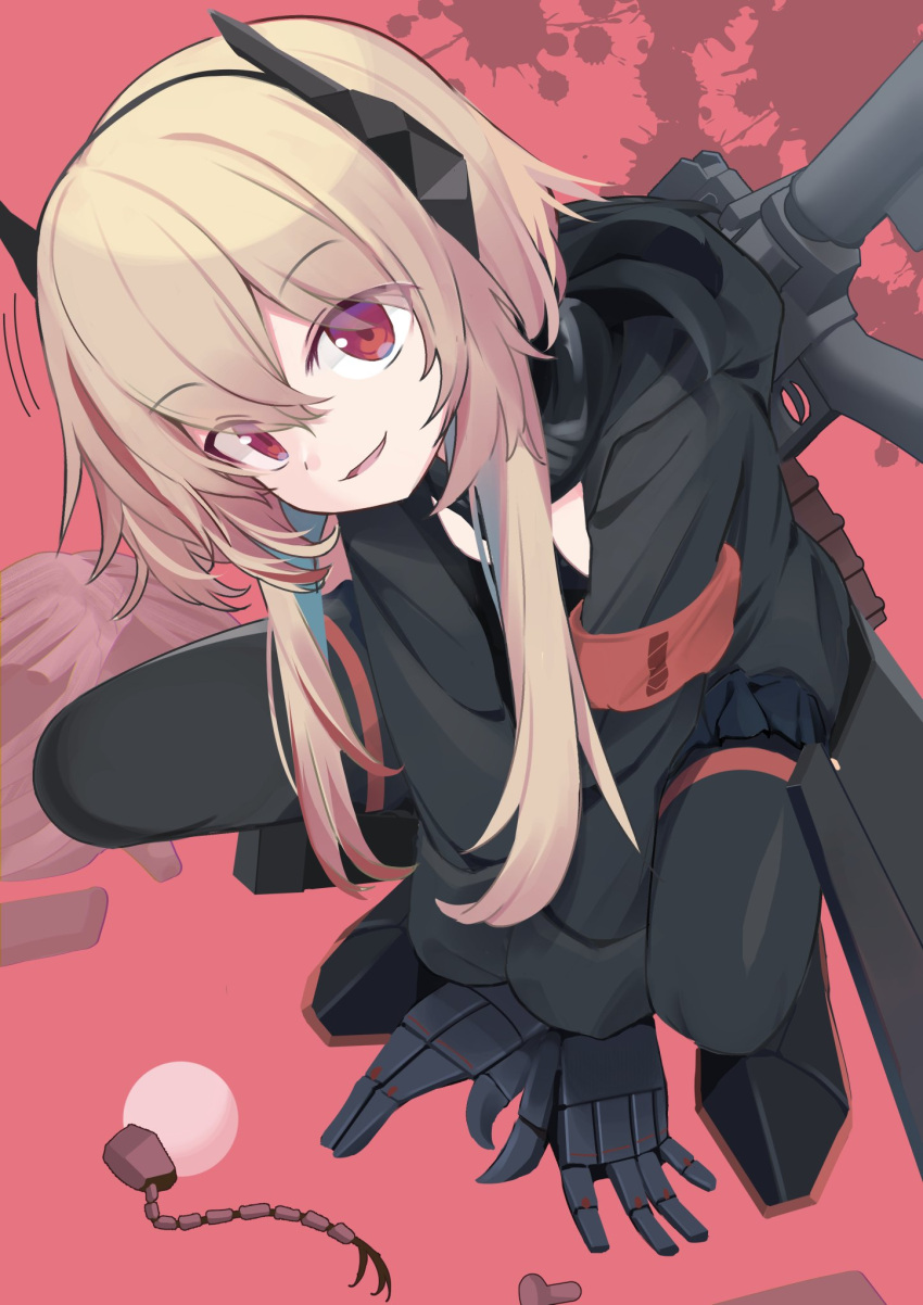 1girl armband arms_between_legs assault_rifle black_hoodie black_skirt blonde_hair blood blood_splatter commentary_request full_body girls_frontline gun head_tilt highres hood hood_down hoodie long_hair long_sleeves looking_at_viewer m4_sopmod_ii_(girls_frontline) ma40414 mechanical_arms mechanical_parts multicolored_hair pantyhose parted_lips red_background red_eyes redhead rifle sidelocks skirt smile solo squatting streaked_hair weapon weapon_on_back