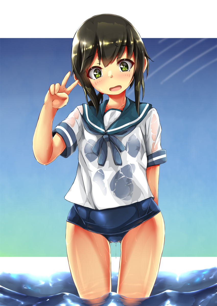 1girl ass_visible_through_thighs black_hair blue_sailor_collar blue_sky border breasts cowgirl_position fubuki_(kancolle) hair_between_eyes highres kantai_collection looking_at_viewer low_ponytail neckerchief ocean open_mouth outdoors ponytail sailor_collar school_swimsuit school_uniform see-through serafuku short_ponytail sky small_breasts smile solo straddling swimsuit swimsuit_under_clothes unomi v water wet wet_clothes white_border yellow_eyes