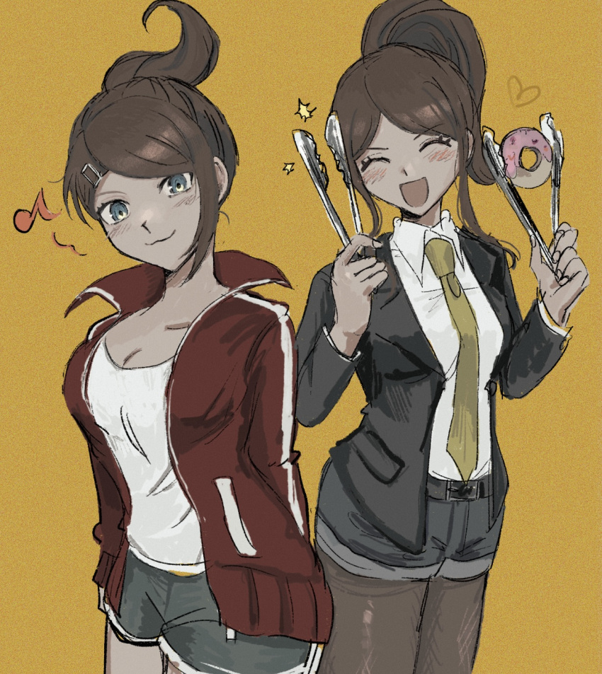 1girl :3 :d asahina_aoi black_jacket black_shorts blue_eyes blush breasts brown_hair brown_legwear collarbone collared_shirt cowboy_shot dangan_ronpa:_trigger_happy_havoc dangan_ronpa_(series) dangan_ronpa_3_(anime) dark-skinned_female dark_skin doughnut food green_neckwear hair_ornament hands_up heart highres holding jacket large_breasts looking_at_viewer multiple_views musical_note necktie open_clothes open_jacket open_mouth orange_background pantyhose red_jacket sema_(vivaviva_02) shirt short_shorts shorts smile thong white_shirt