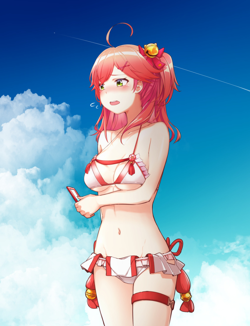 1girl adapted_costume ahoge bell bikini blue_sky blush breasts cellphone clouds flying_sweatdrops green_eyes groin hair_bell hair_ornament highres hololive jingle_bell large_breasts legband navel one_side_up open_mouth phone pink_hair sakura_miko sky smartphone solo swimsuit tenbin_gashira virtual_youtuber