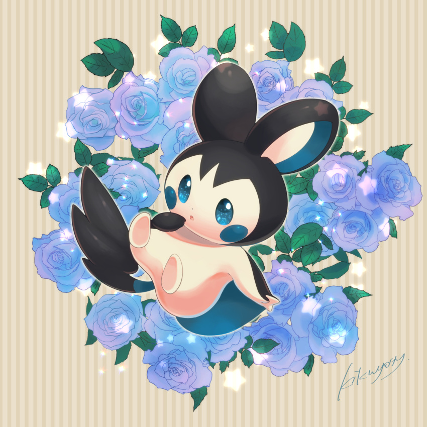 alternate_color blue_eyes commentary_request emolga flower full_body gen_5_pokemon hand_up highres kikuyoshi_(tracco) leaf no_humans outstretched_arm parted_lips pokemon pokemon_(creature) signature solo