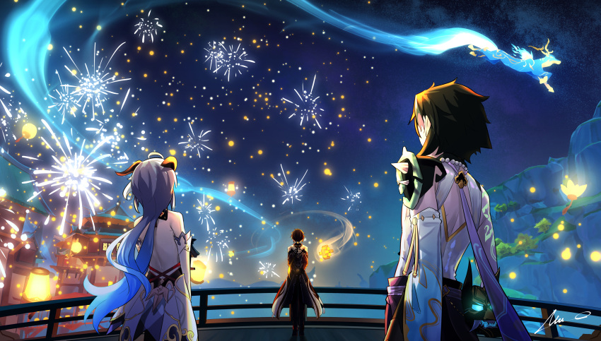 1girl 2boys absurdres ahoge architecture bare_back bead_necklace beads black_hair blue_hair bow bridge brown_coat building clouds cloudy_sky coat commentary_request deer detached_sleeves east_asian_architecture fireworks from_behind ganyu_(genshin_impact) genshin_impact hair_bow hair_ribbon highres horns jewelry lampion lantern lantern_festival long_hair long_sleeves looking_away low_ponytail multiple_boys necklace night night_sky overlord_(overlord80000) paper_lantern ribbon sky sky_lantern star_(sky) starry_sky vision_(genshin_impact) xiao_(genshin_impact) zhongli_(genshin_impact)