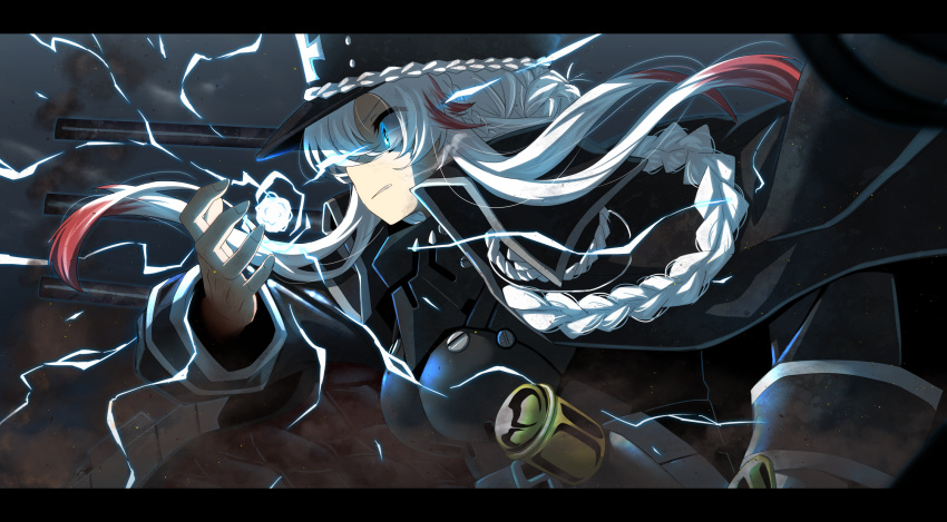 1girl armor artillery azur_lane bangs blue_eyes braid breastplate cannon coat french_braid from_side glowing glowing_eyes hat highres lightning long_bangs military military_hat military_uniform mizunashi_(second_run) multicolored_hair odin_(azur_lane) shaded_face solo streaked_hair uniform white_hair