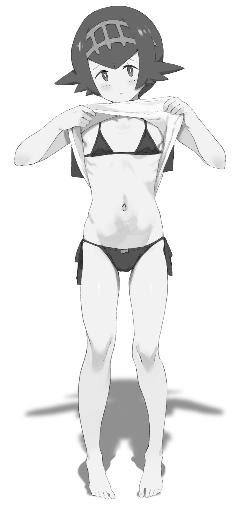 1girl absurdres barefoot bikini blush cala_t_maki_72 clothes_lift flat_chest full_body greyscale hairband highres lana_(pokemon) lifted_by_self looking_at_viewer micro_bikini monochrome navel pokemon pokemon_(game) pokemon_sm shirt_lift short_hair solo swimsuit