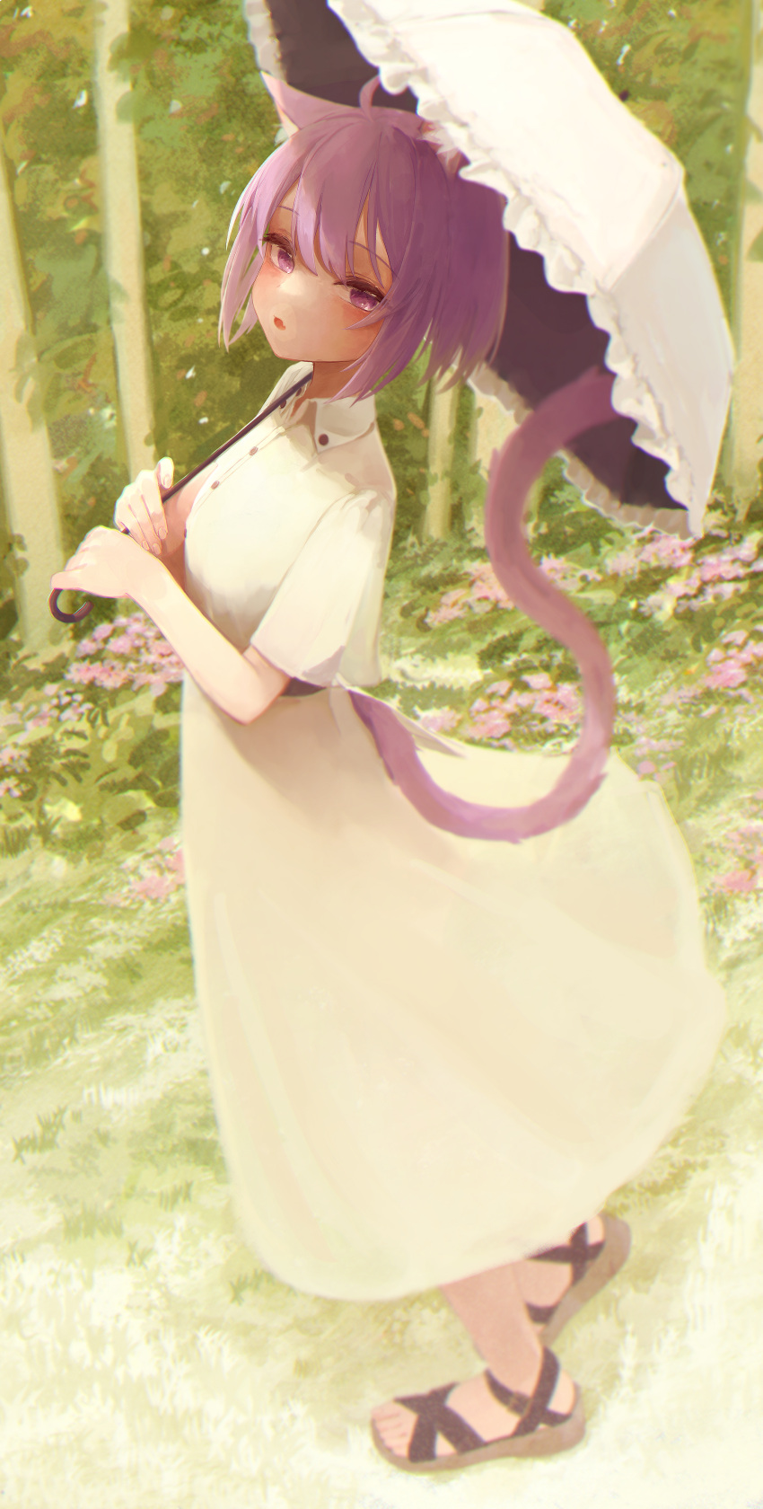 1girl :o absurdres ahoge animal_ear_fluff animal_ears cat_ears dress eyelashes fang feet flower forest highres hololive huge_filesize looking_at_viewer nanome_to nature nekomata_okayu open_mouth outdoors purple_hair sandals short_hair solo standing tail toes tree umbrella violet_eyes virtual_youtuber white_dress