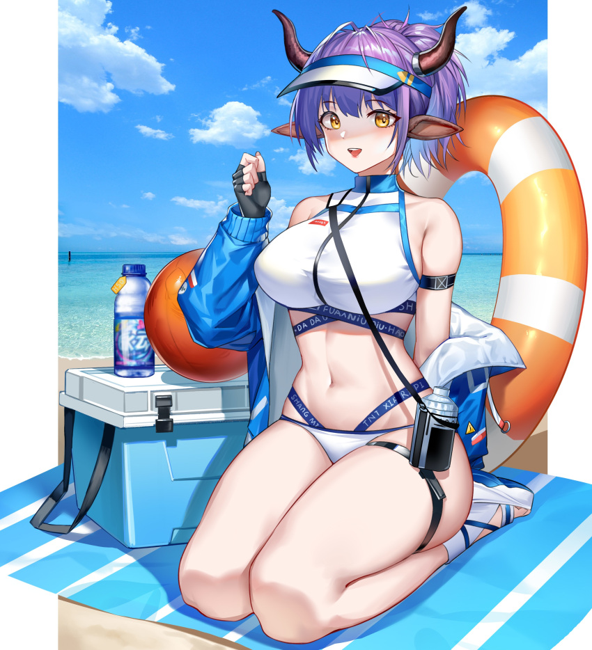 absurdres animal_ears arknights armband bare_legs bare_shoulders beach bottle breasts cow_ears cow_girl cow_horns gloves halter_top halterneck happy highres horns inflatable_toy jacket_partially_removed kneeling large_breasts legs_together looking_at_viewer mili_(pixiv24297867) navel open_mouth pointy_ears ponytail purple_hair sideroca_(arknights) swimsuit thigh_strap thighs visor visor_cap water_bottle yellow_eyes