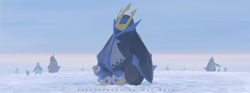 artist_name blue_eyes closed_eyes closed_mouth commentary_request creature day empoleon evolutionary_line gen_4_pokemon looking_up mei_ford no_humans outdoors piplup pokemon pokemon_(creature) prinplup snow standing starter_pokemon