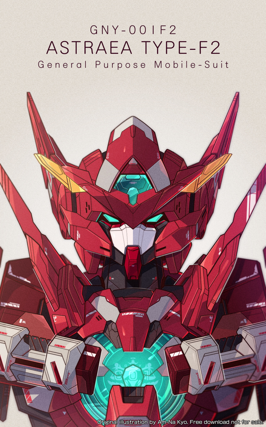 absurdres aqua_eyes artist_name azzalea character_name english_commentary gradient gradient_background green_eyes gundam gundam_00 gundam_00f gundam_astraea_type-f highres looking_at_viewer mecha mobile_suit no_humans portrait science_fiction solo v-fin