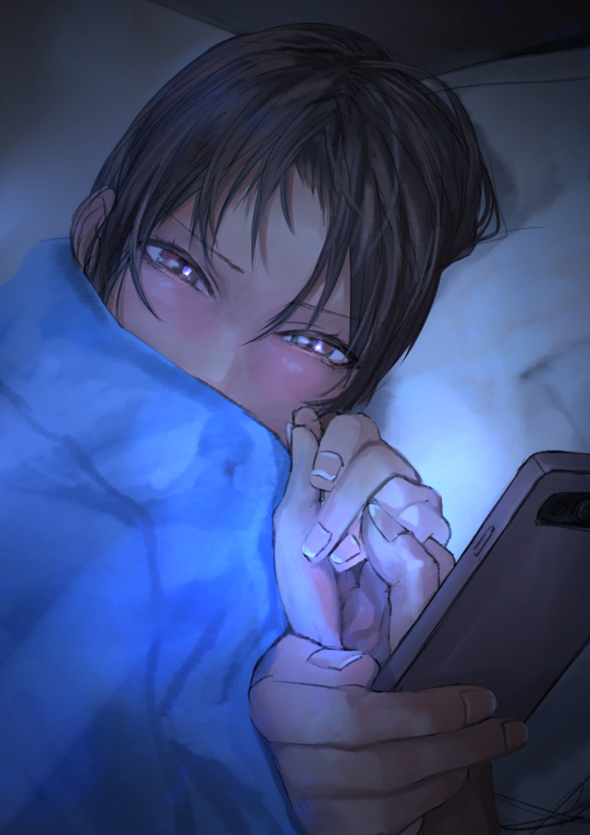 1girl blush brown_eyes brown_hair cellphone covered_mouth fingernails highres holding holding_hands holding_phone kilye_kairi looking_at_viewer lying on_side original phone pillow pov pov_hands smartphone smile solo_focus under_covers