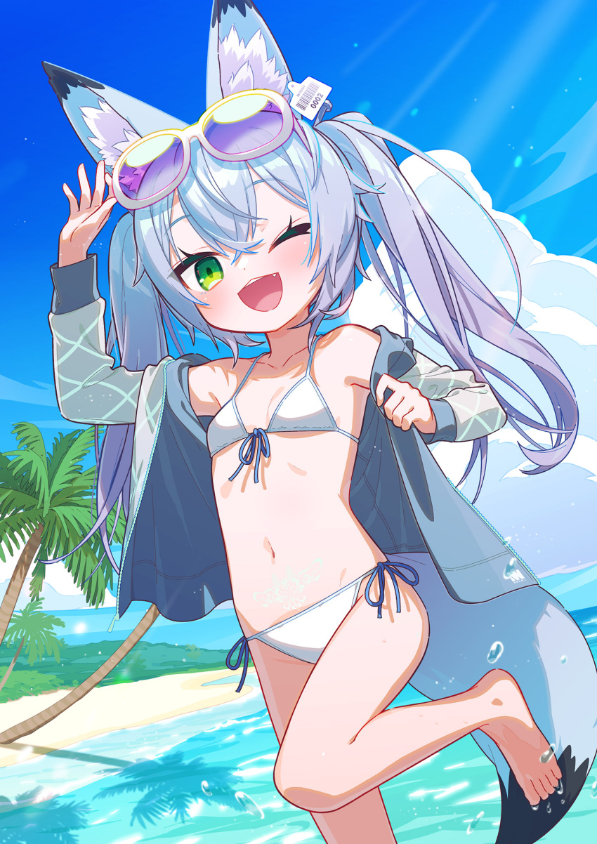 1girl ;d animal_ear_fluff animal_ears barefoot beach bikini blue_sky breasts clouds commentary_request day eyewear_on_head fang hand_up highres looking_at_viewer ocean one_eye_closed open_mouth original outdoors palm_tree sky small_breasts smile solo sunglasses sunlight swimsuit tail tree uchako water white_bikini