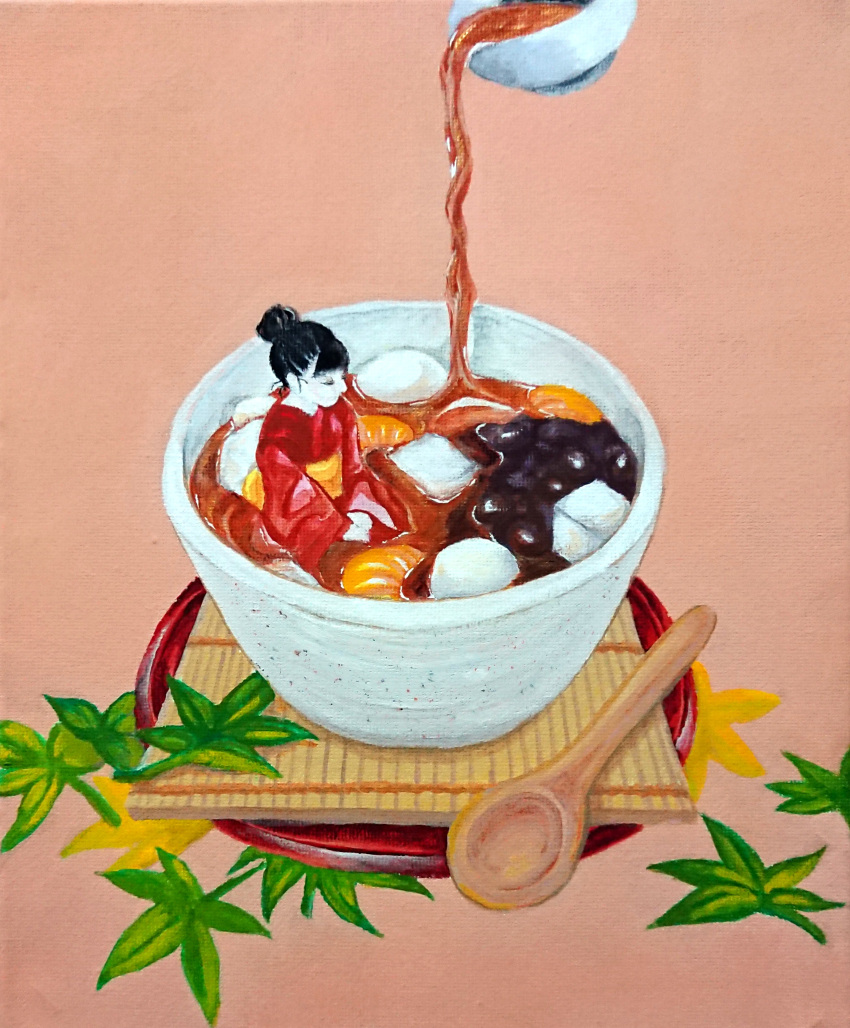 1girl absurdres acrylic_paint_(medium) anmitsu_(dessert) black_hair copyright_request food hair_bun highres in_food leaf minigirl pink_background plate qurage solo spoon traditional_media wide_shot