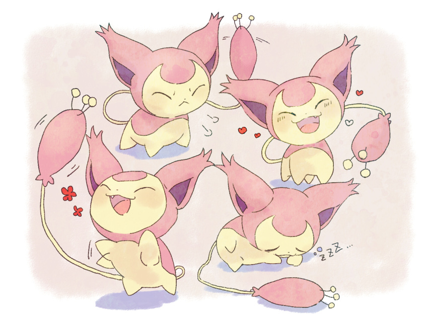 =3 blush bubble cat closed_eyes commentary_request fang gen_3_pokemon heart kikuyoshi_(tracco) multiple_views no_humans open_mouth pokemon pokemon_(creature) skitty sleeping smile tongue zzz |d