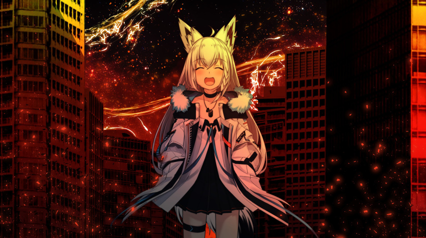 1girl ahoge animal_ears bangs black_choker black_skirt blush braid building choker closed_eyes dog_tags eyebrows_visible_through_hair facing_viewer fox_ears fox_girl fur-trimmed_jacket fur_trim hair_between_eyes highres hololive jacket jewelry long_hair necklace open_clothes open_jacket open_mouth red_sky shirakami_fubuki shirt sidelocks single_braid skirt sky smile solo tenbin_gashira thigh_strap virtual_youtuber white_hair white_jacket white_shirt