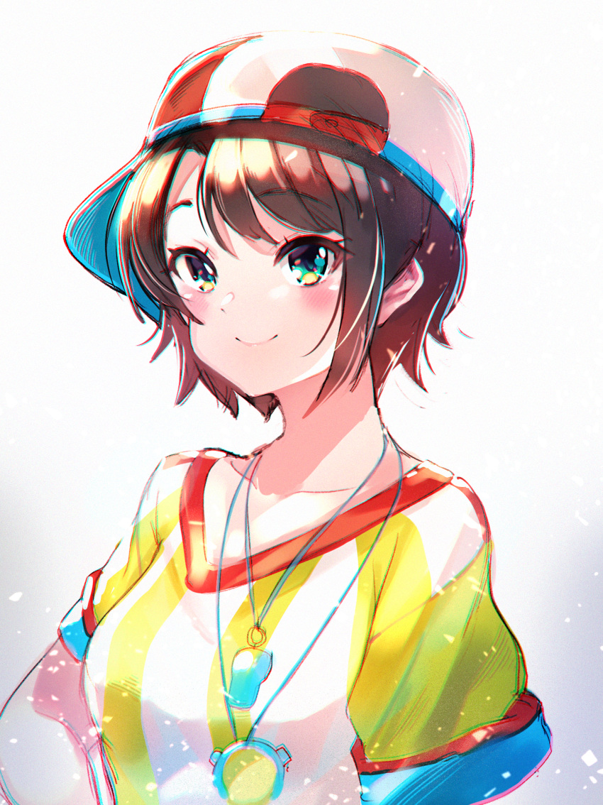 1girl blue_eyes brown_hair cawang closed_mouth eyebrows_visible_through_hair hat highres hololive looking_at_viewer oozora_subaru shirt short_hair short_sleeves smile solo striped striped_shirt vertical-striped_shirt vertical_stripes virtual_youtuber whistle whistle_around_neck white_headwear