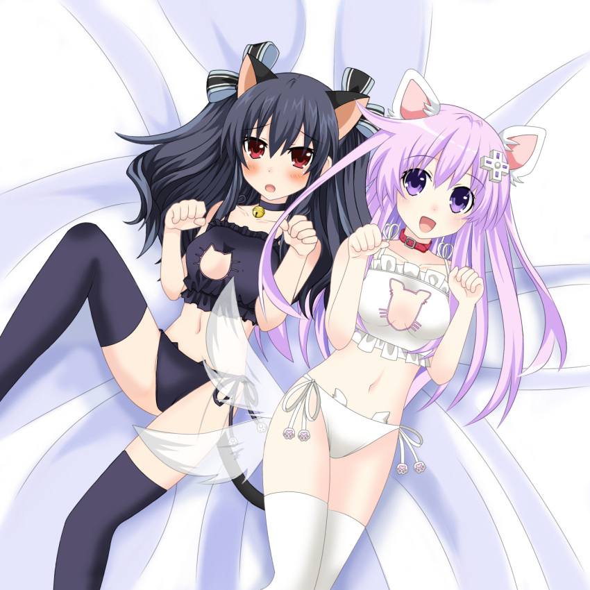 2girls animal_ears bell black_hair blush breasts cat_ears cat_lingerie cat_tail collar dog_ears dog_tail highres lingerie meme_attire multiple_girls neck_bell nepgear neptune_(series) open_mouth purple_hair red_eyes small_breasts smile tail thigh-highs underwear uni_(neptune_series) violet_eyes waruga